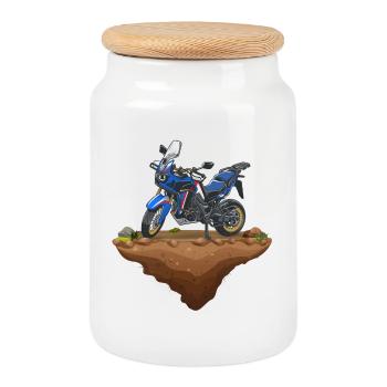 Africa Twin Enduro | Earth ) Blue - Cookie Jar with Wooden Lid - white - Front