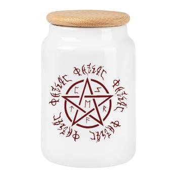 Pentagram pattern, futhark, goth, Halloween outfit - Cookie Jar with Wooden Lid - white - Front