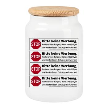 4 x Stop Bitte keine Werbung Sticker - Keksdose mit Holzdeckel - Weiß - Vorne