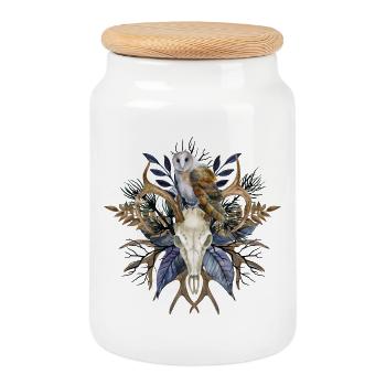 Crâne de Hiboux, Fleurs Mystique Design - Boîte à biscuits avec couvercle en bois - blanc - Devant