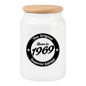 Born in 1969 - Boîte à biscuits avec couvercle en bois - blanc - Devant