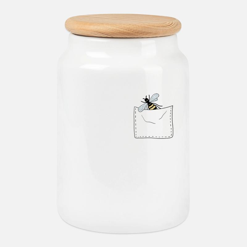 Bee in breast pocket - Cookie Jar with Wooden Lid - white