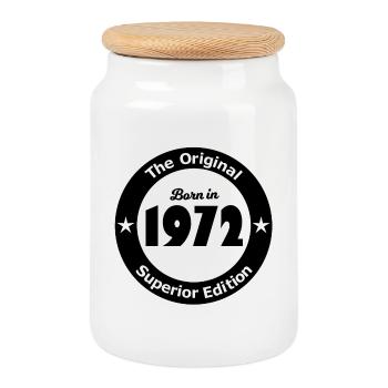 Born in 1972 - Cookie Jar with Wooden Lid - white - Front