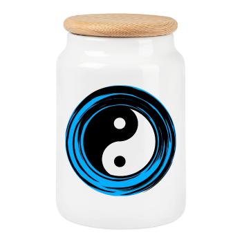 Yin-yang Blue - Cookie Jar with Wooden Lid - white - Front