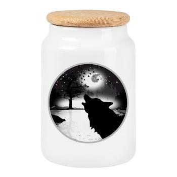 heulender Wolf in der Nacht bei Vollmond - Keksdose mit Holzdeckel - Weiß - Vorne