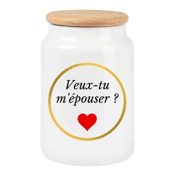 veux tu m'épouser ? - coeur rouge et anneau - Boîte à biscuits avec couvercle en bois - blanc - Devant