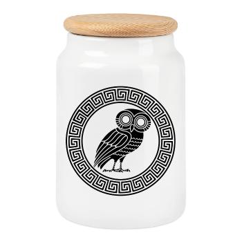 Greek symbol of the black owl - Cookie Jar with Wooden Lid - white - Front