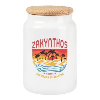 Zakynthos Greece Design with Palm Trees - Cookie Jar with Wooden Lid - white - Front
