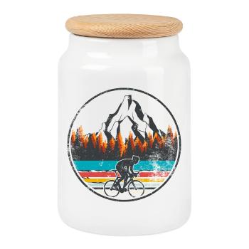 Mountain Trail Cyclist Retro - Cookie Jar with Wooden Lid - white - Front