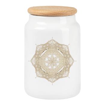 geometrischer Makramee Stil Blüten Anhänger - Keksdose mit Holzdeckel - Weiß - Vorne