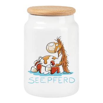 Seepferd im Urlaub I Comic Wortspiel Pferd - Keksdose mit Holzdeckel - Weiß - Vorne