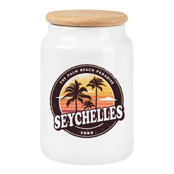 Seychellen Vintage Beach Design / Geschenkidee - Keksdose mit Holzdeckel - Weiß - Vorne