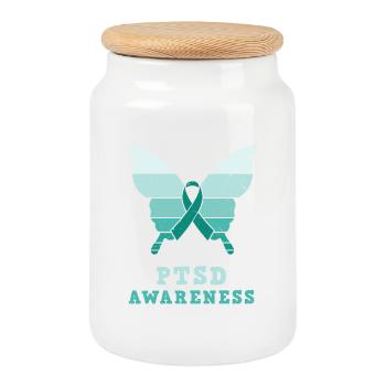 Papillon Ptsd Sensibilisation Ruban sarcelle - Boîte à biscuits avec couvercle en bois - blanc - Devant
