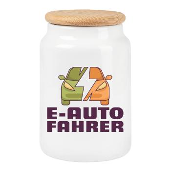 E-Auto Fahrer Elektroauto Outfit für Auto Fans - Keksdose mit Holzdeckel - Weiß - Vorne