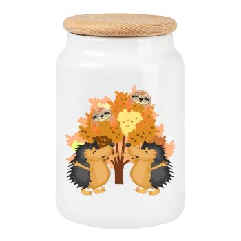 AUTUMN HEDGEHOGS SLOTHS - Cookie Jar with Wooden Lid - white - Front