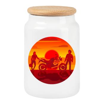 Couple et moto au coucher du soleil - Boîte à biscuits avec couvercle en bois - blanc - Devant