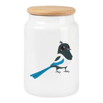 Magpie Kawaii Cartoon Illustration Artwork For Kid - Cookie Jar with Wooden Lid - white - Front