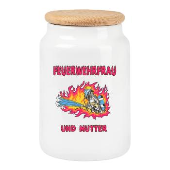 Feuerwehrfrau und Mutter - Keksdose mit Holzdeckel - Weiß - Vorne