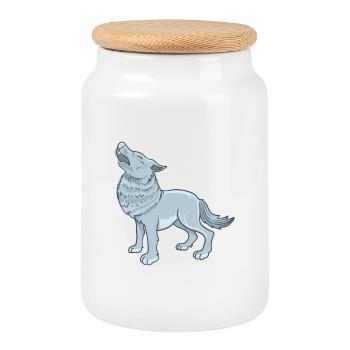 Wolf Cartoon Illustration Kawaii For Kids - Cookie Jar with Wooden Lid - white - Front