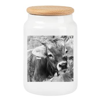 Schwarz-Weiß Fotodesign - Junges Kalb mit Charme - Keksdose mit Holzdeckel - Weiß - Vorne