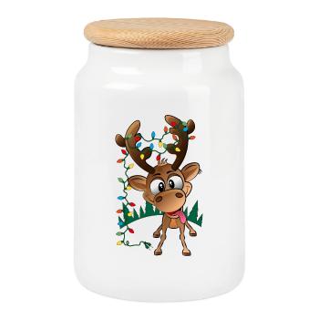 Christmas reindeer rudolph with led lights - Cookie Jar with Wooden Lid - white - Front