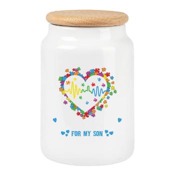 Je porte du bleu pour mon fils Autism Design - Boîte à biscuits avec couvercle en bois - blanc - Devant