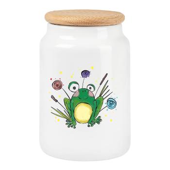 Cute Little Frog in the Grass – Cartoon Design - Cookie Jar with Wooden Lid - white - Front