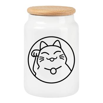 Maneki Neko Neon – Chat porte-bonheur du Japon, Kawaii - Boîte à biscuits avec couvercle en bois - blanc - Devant