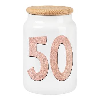 50th Birthday - Fifty - Cookie Jar with Wooden Lid - white - Front