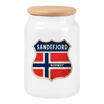 Sandefjord Norvège Armoiries Drapeaux Design - Boîte à biscuits avec couvercle en bois - blanc - Devant
