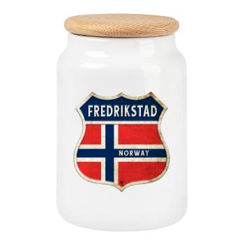Fredrikstad Norvège Armoiries Drapeaux Design - Boîte à biscuits avec couvercle en bois - blanc - Devant