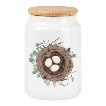 Nid d’oiseau ou nid de Pâques avec trois œufs et plumes - Boîte à biscuits avec couvercle en bois - blanc - Devant