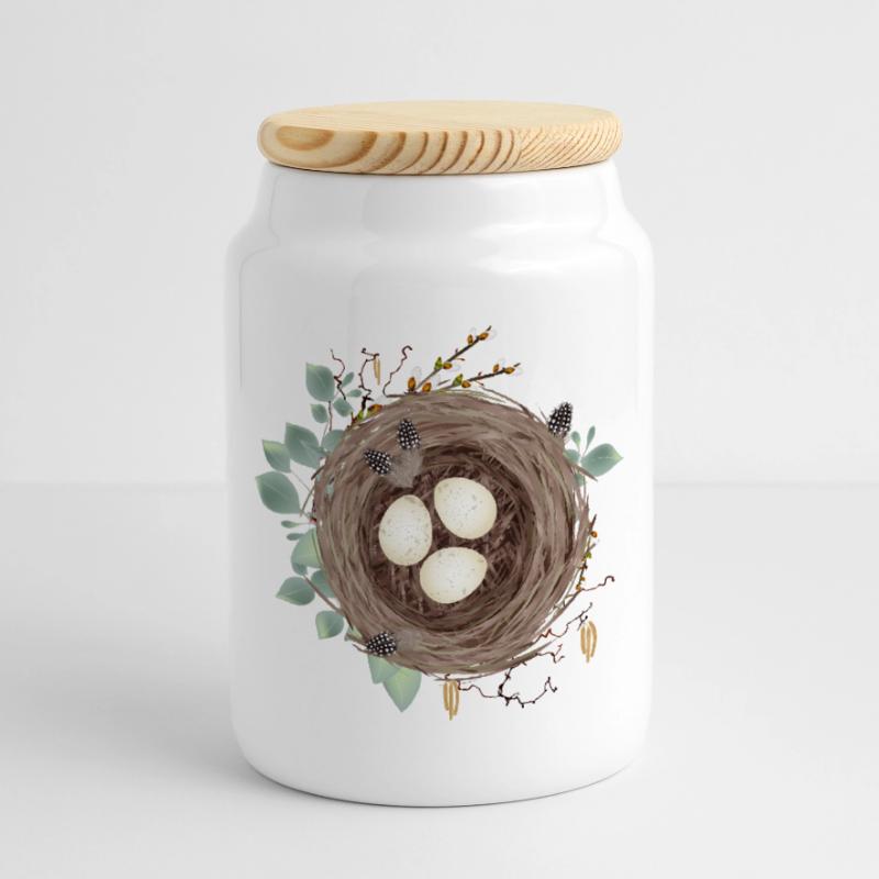 Vogelnest oder Osternest mit drei Eier und Federn Keksdose mit Holzdeckel