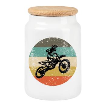 Retro Moto Rider on Striped Circle - Cookie Jar with Wooden Lid - white - Front