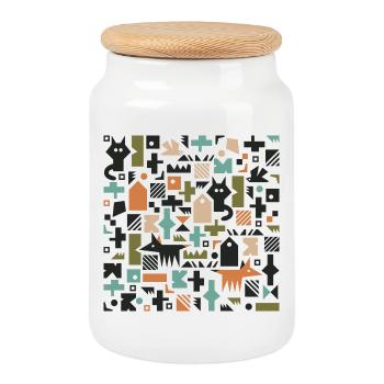 Cat fox bird pattern l multicolour - Cookie Jar with Wooden Lid - white - Front