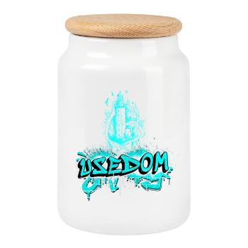 Usedom Leuchtturm Design / Geschenkidee - Keksdose mit Holzdeckel - Weiß - Vorne