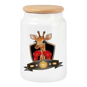 Giraffe as a boxer with boxing gloves and box belt - Cookie Jar with Wooden Lid - white - Front
