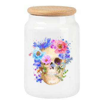 Crâne coloré avec des fleurs de pavot - Boîte à biscuits avec couvercle en bois - blanc - Devant