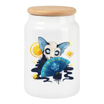 Blue Ink Spirits - Chat fantôme Dia De Los Muertos - Boîte à biscuits avec couvercle en bois - blanc - Devant