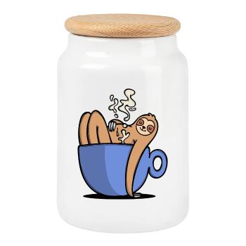 Humorvoll Kaffeeliebhaber Faultier Kaffeetasse - Keksdose mit Holzdeckel - Weiß - Vorne