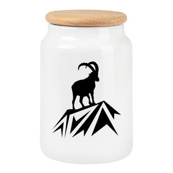 Steinbock auf einem Berg - Keksdose mit Holzdeckel - Weiß - Vorne