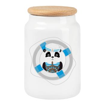 cute panda as a sailor in a navy look - Cookie Jar with Wooden Lid - white - Front