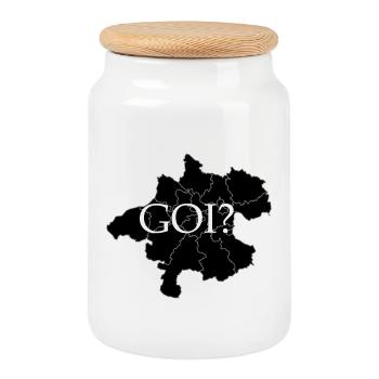 „GOI?" - Oberösterreich Dialektshirt - Keksdose mit Holzdeckel - Weiß - Vorne