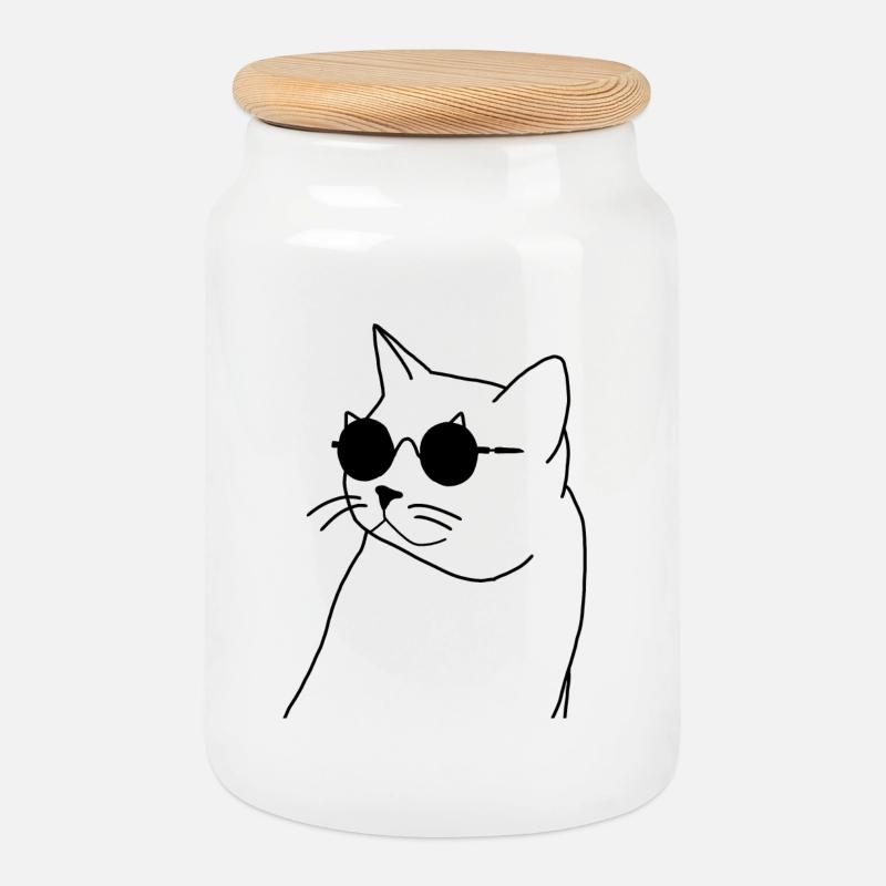 Katze mit Brille - Keksdose mit Holzdeckel - Weiß