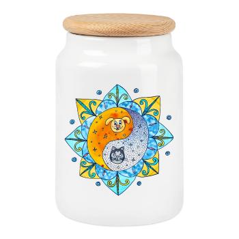Cat Dog Cute Yin Yang Symbol Mandala - Cookie Jar with Wooden Lid - white - Front