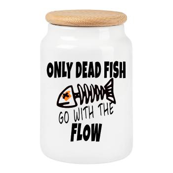 Only Dead Fish Go With The Flow - Cookie Jar with Wooden Lid - white - Front