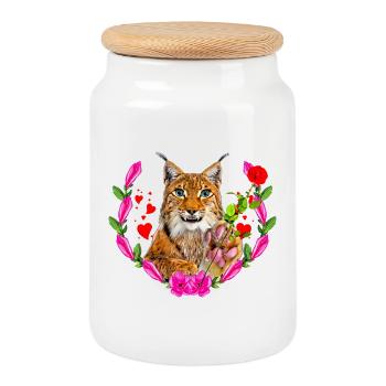 Chat lynx avec rose pour l’amour - Boîte à biscuits avec couvercle en bois - blanc - Devant