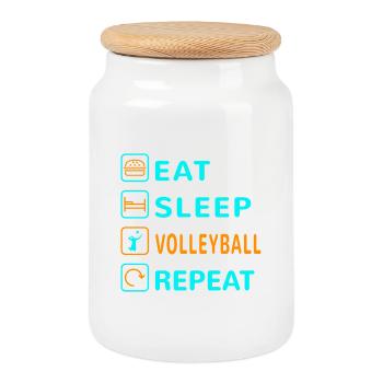 Mangez. Dormir. Volley-ball. Répéter le design - Boîte à biscuits avec couvercle en bois - blanc - Devant