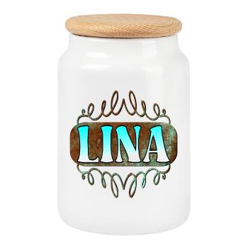 Cadeaux de nom pour la fille LINA - PRÉNOM FILLE - Boîte à biscuits avec couvercle en bois - blanc - Devant