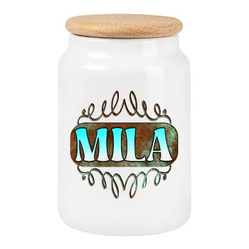 Cadeaux du jour du nom pour Mila - Fille - Boîte à biscuits avec couvercle en bois - blanc - Devant